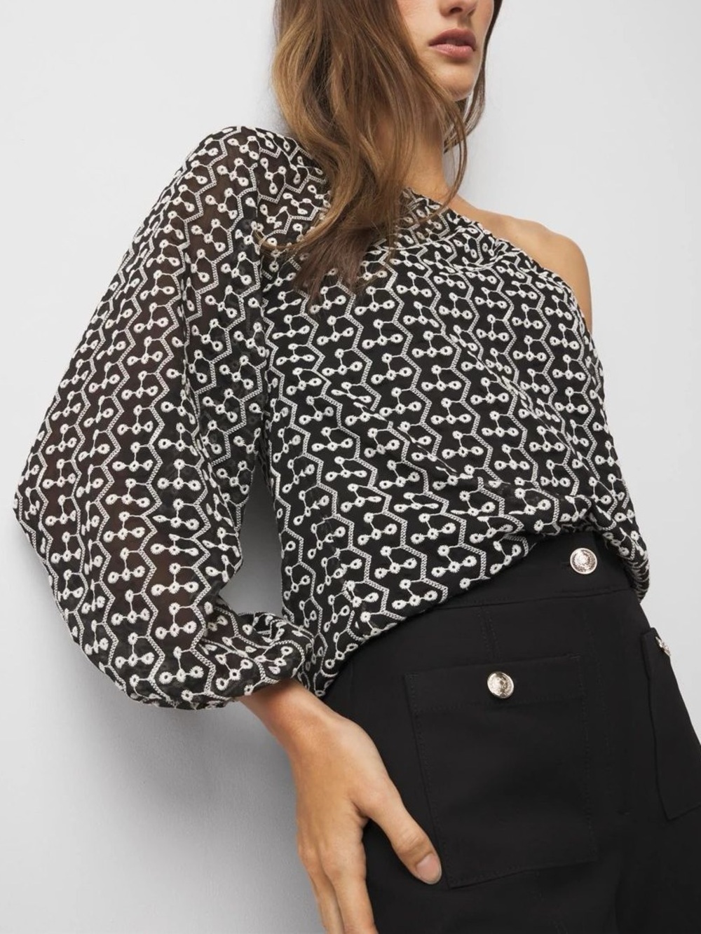 White House Black Market Black One-Shoulder Geometric Blouse